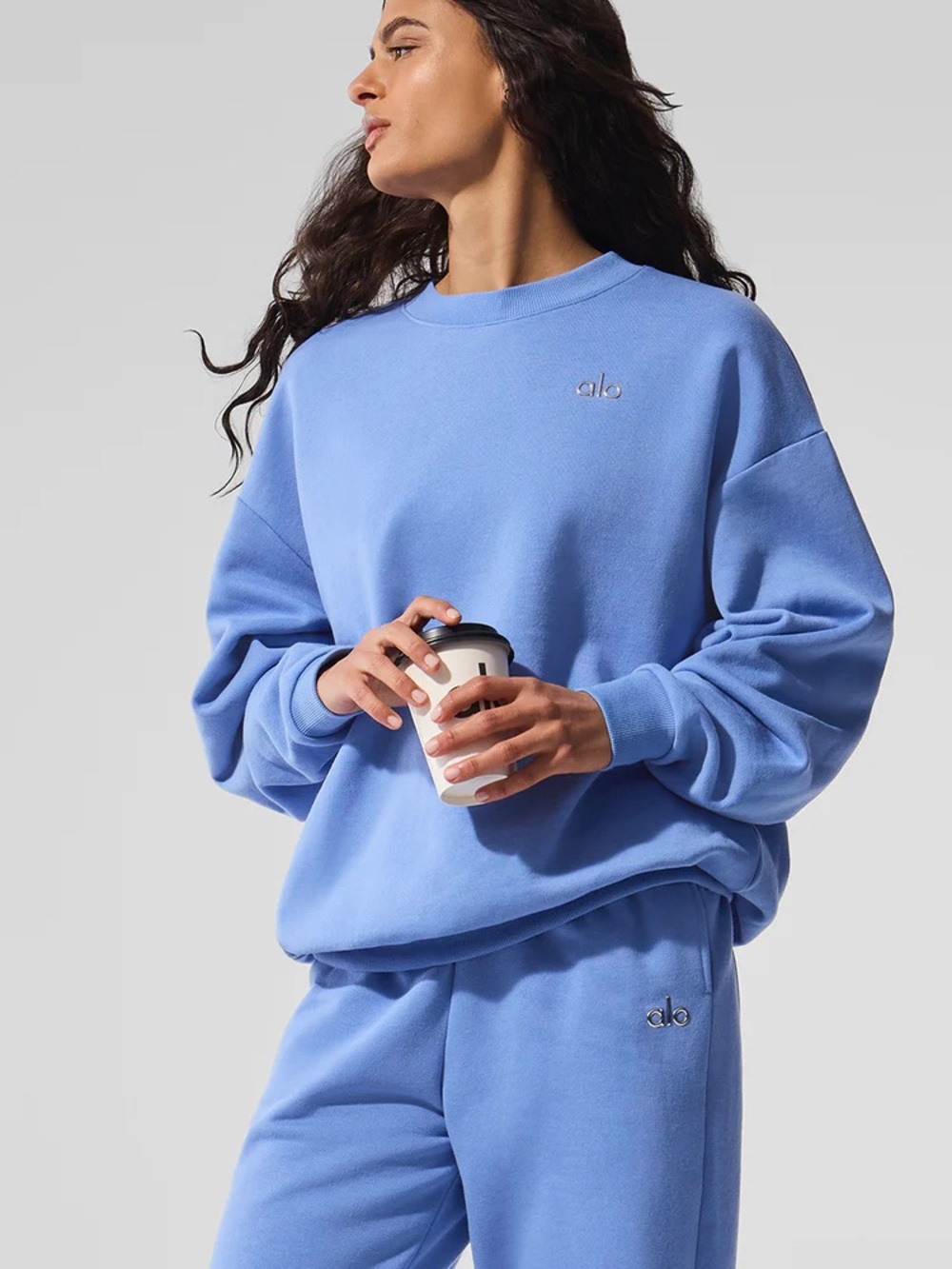 ALO Yoga Accolade Crew Neck Pullover + Sweatpants XXS - Crystal Clear Blue